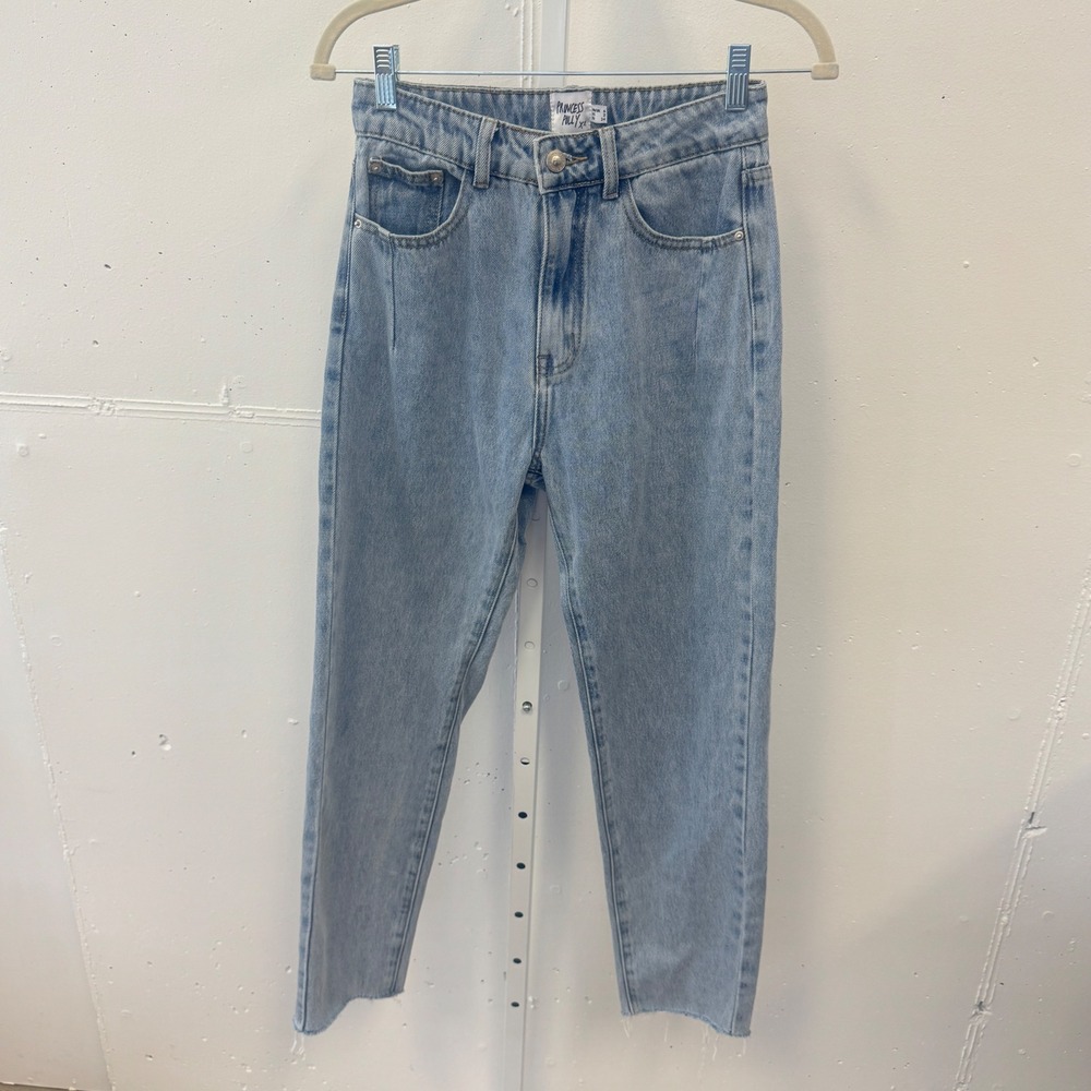 Princess Polly Light Wash High Rise Straight Leg Raw Hem Jeans Blue Size 2 US